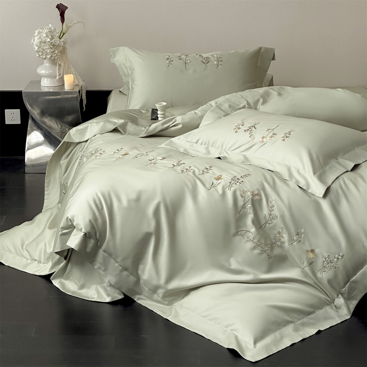 91家纺网 家纺一手货源 找家纺 泽西家纺+V17798841158发大图 2026新品刺绣50s双股全棉长绒棉纯棉宽边四件套-花有约 花有约-玛瑙绿