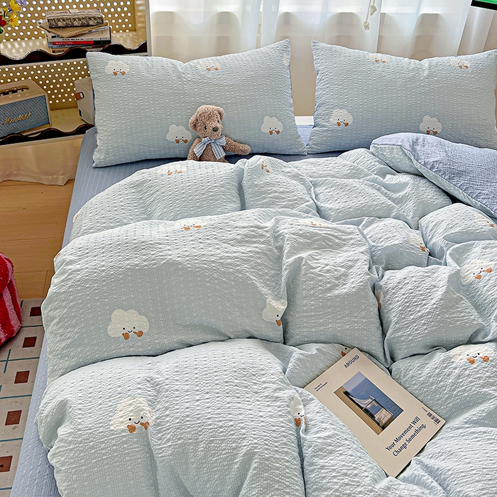 91家纺网 家纺一手货源 找家纺 一比一 2026春夏新款泡芙棉泡芙纱印花四件套-简单款 云朵泡芙