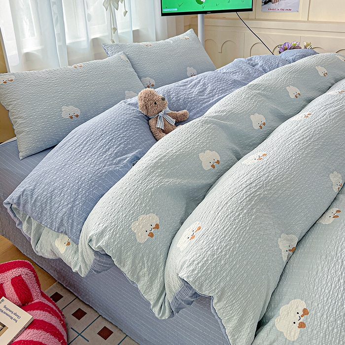 91家纺网 家纺一手货源 找家纺 一比一 2026春夏新款泡芙棉泡芙纱印花四件套-简单款 云朵泡芙