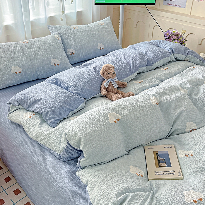 91家纺网 家纺一手货源 找家纺 一比一 2026春夏新款泡芙棉泡芙纱印花四件套-简单款 云朵泡芙