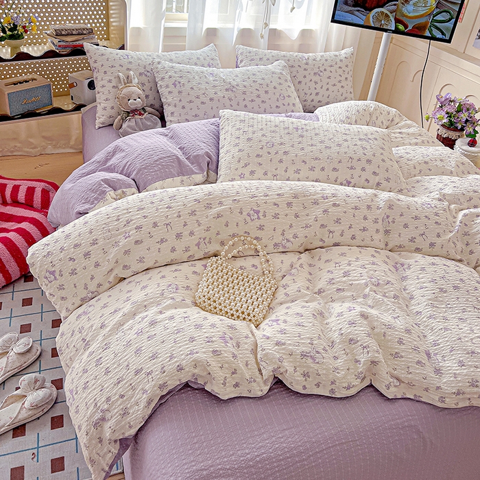 一比一 2026春夏新款泡芙棉泡芙纱印花四件套-简单款 紫花萌兔