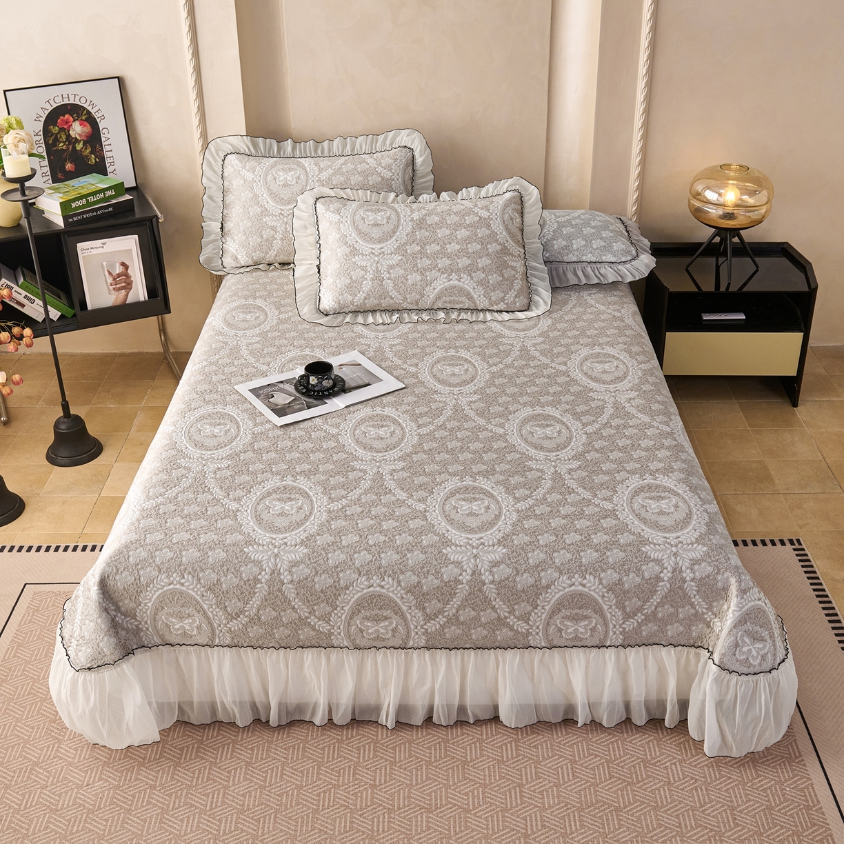 席之家 2026新款PE乙纶冰豆豆双色提花床裙款三件套-蝶舞花间 蝶舞花间-香槟