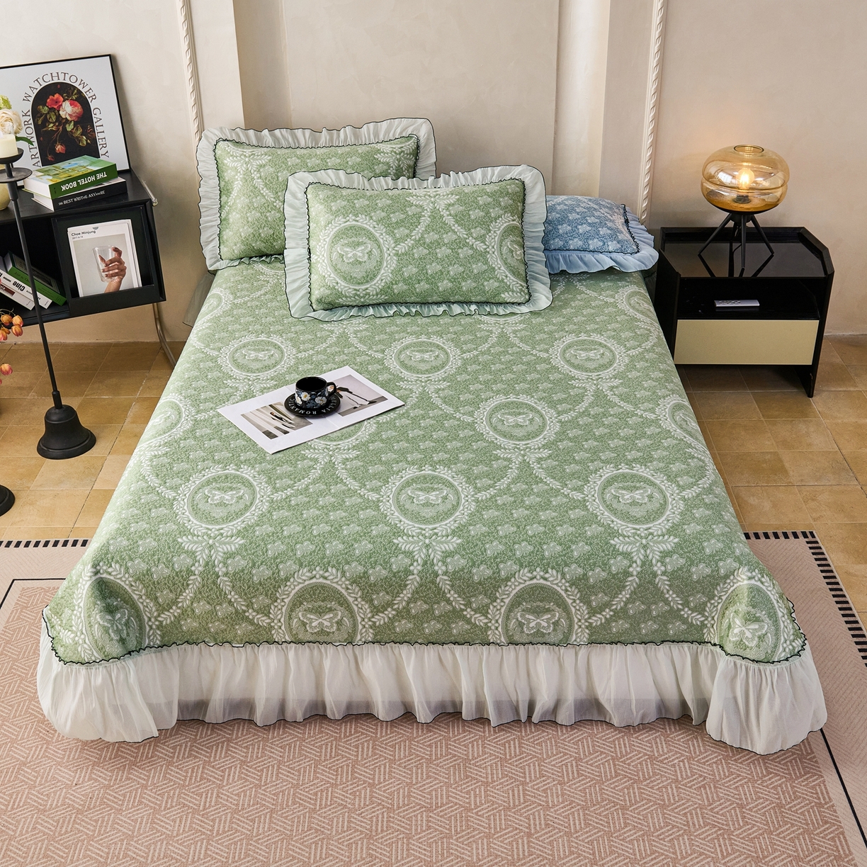 席之家 2026新款PE乙纶冰豆豆双色提花床裙款三件套-蝶舞花间 蝶舞花间-果绿