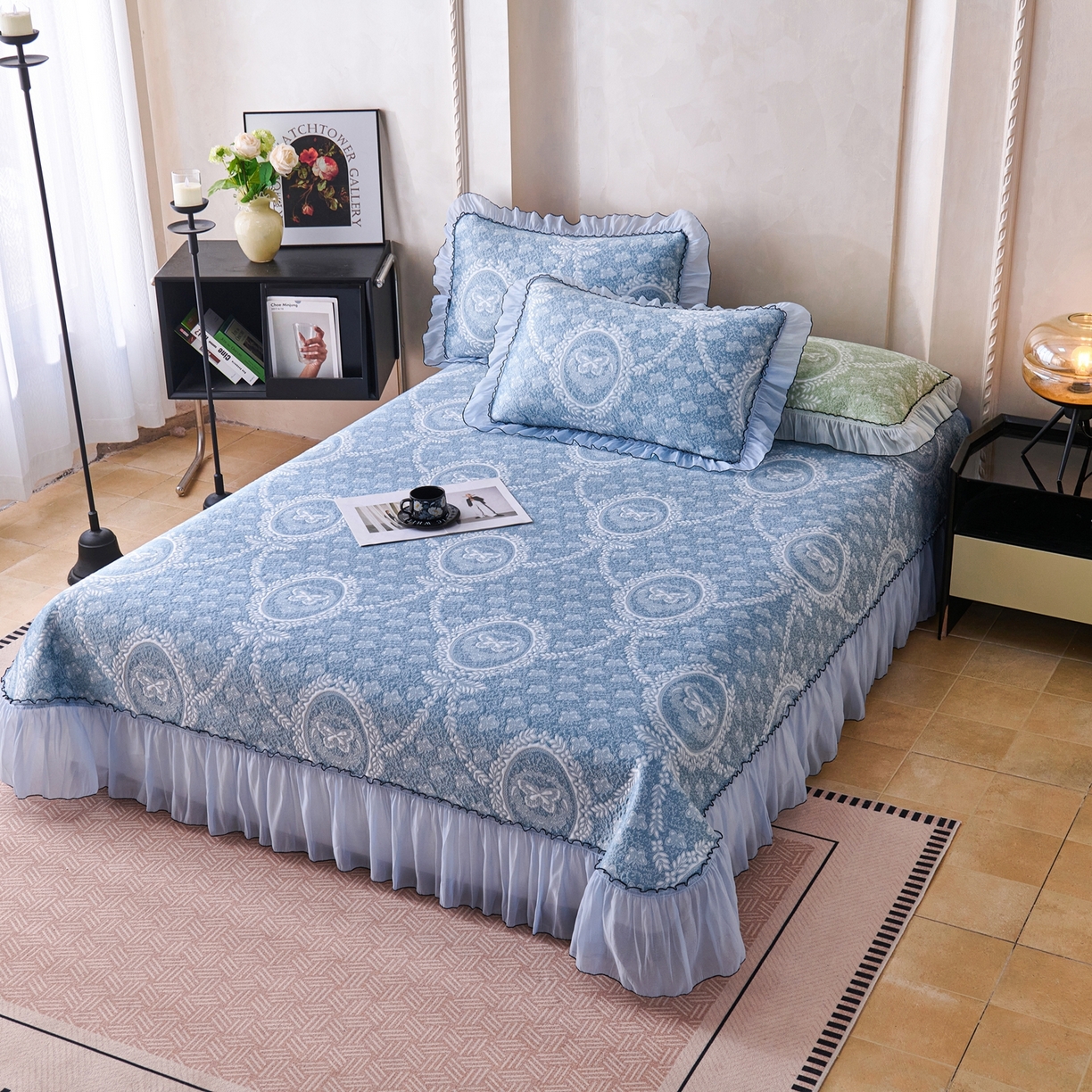 91家纺网 家纺一手货源 找家纺 席之家 2026新款PE乙纶冰豆豆双色提花床裙款三件套-蝶舞花间 蝶舞花间-冰蓝