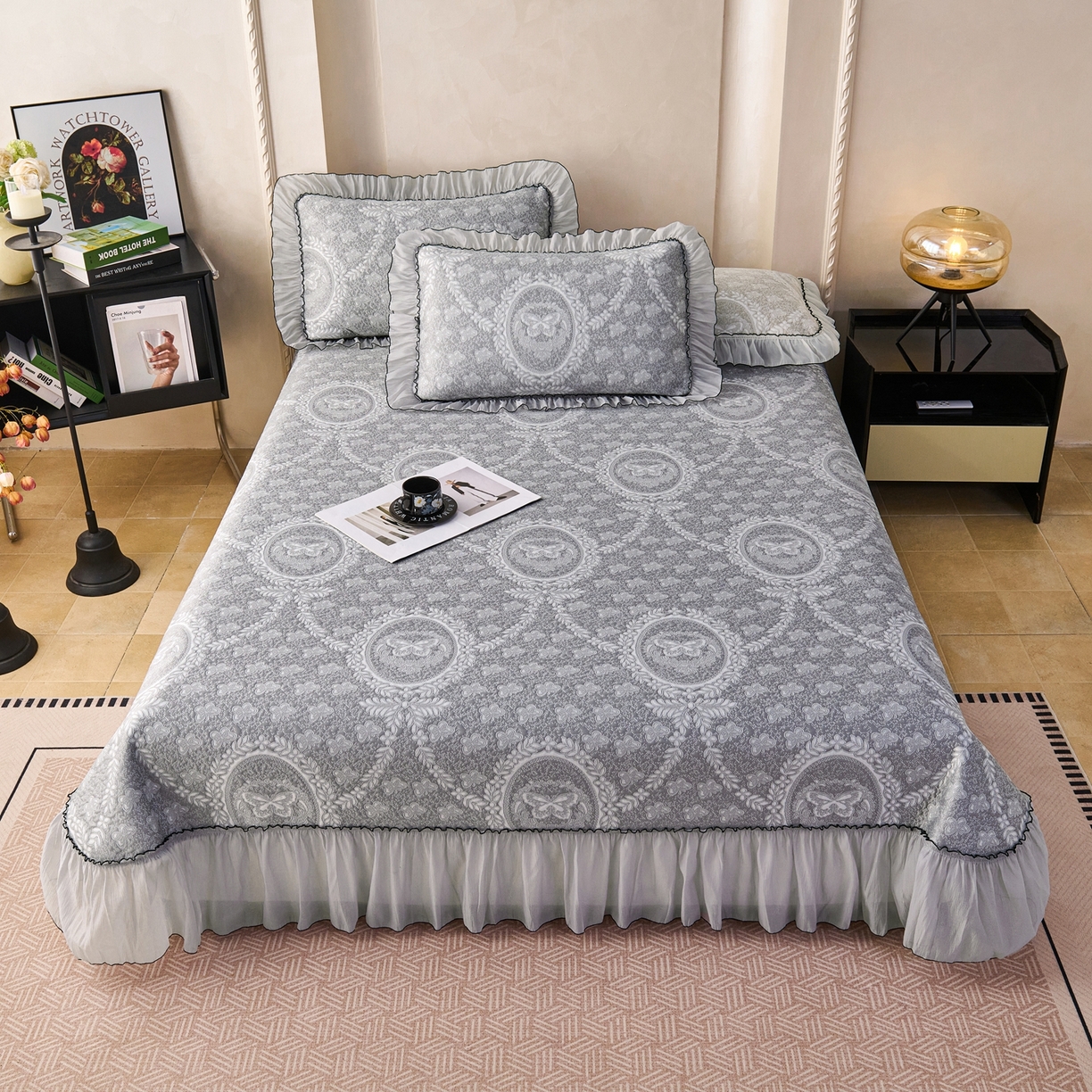 席之家 2026新款PE乙纶冰豆豆双色提花床裙款三件套-蝶舞花间 蝶舞花间-烟灰