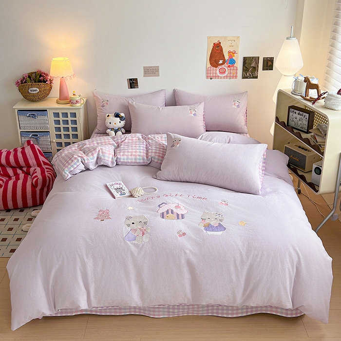 91家纺网 家纺一手货源 找家纺 （总）暖意家纺 2026新款全棉色织水洗棉绣花纯棉A类母婴级四件套- 可爱猫