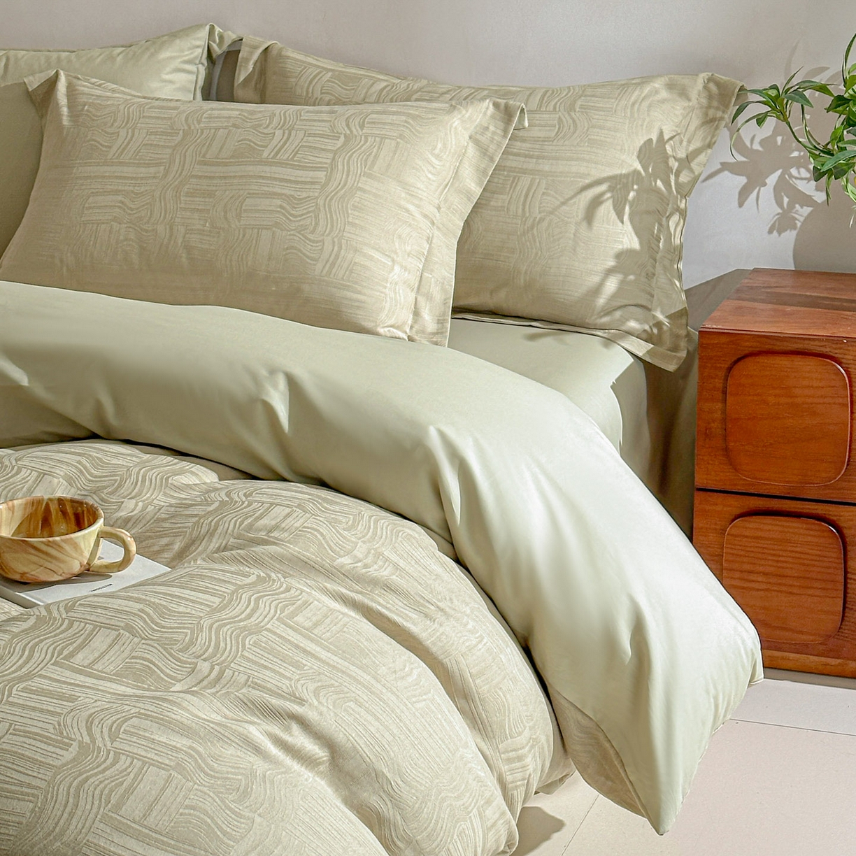 91家纺网 家纺一手货源 找家纺 泽西家纺+V17798841158发大图 2026新品60长绒棉提花立体浮雕全棉纯棉四件套-云涧奢影系列 幻纤影-浅茶