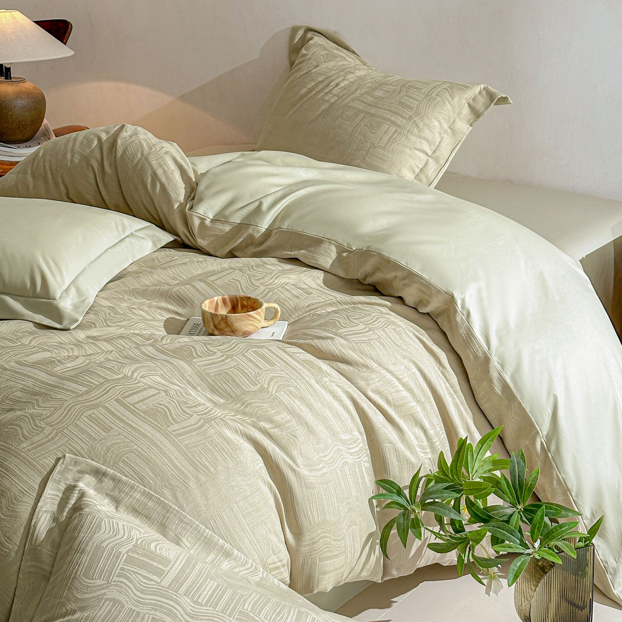 91家纺网 家纺一手货源 找家纺 泽西家纺+V17798841158发大图 2026新品60长绒棉提花立体浮雕全棉纯棉四件套-云涧奢影系列 幻纤影-浅茶