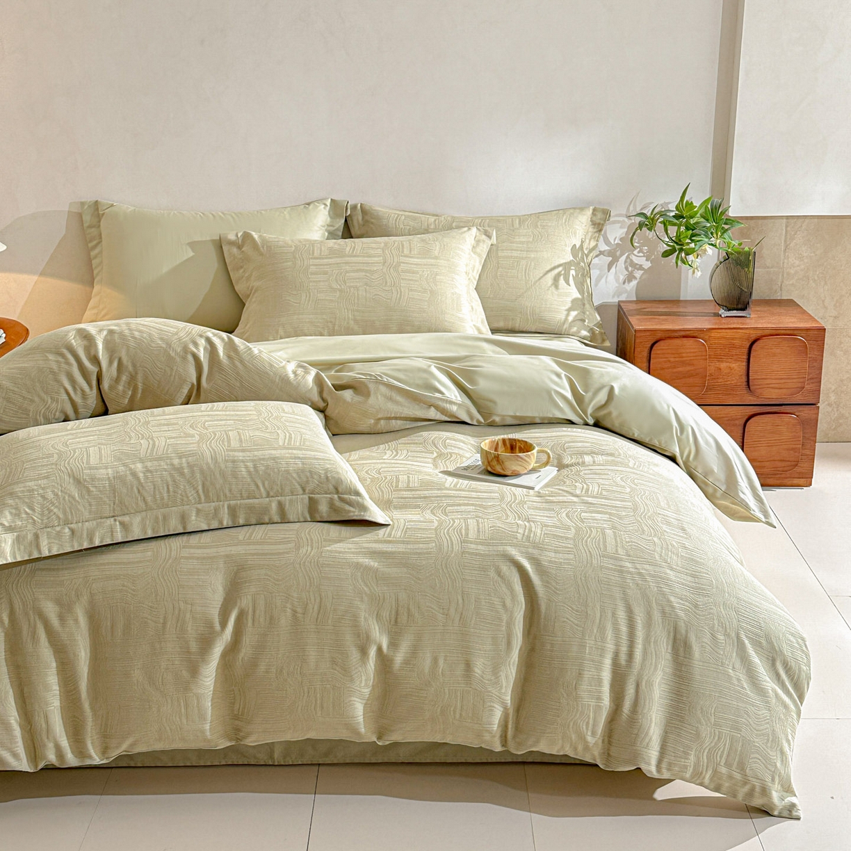 91家纺网 家纺一手货源 找家纺 泽西家纺+V17798841158发大图 2026新品60长绒棉提花立体浮雕全棉纯棉四件套-云涧奢影系列 幻纤影-浅茶