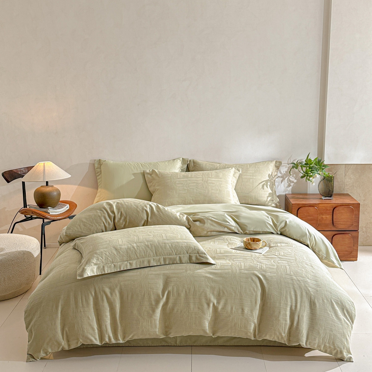 91家纺网 家纺一手货源 找家纺 泽西家纺+V17798841158发大图 2026新品60长绒棉提花立体浮雕全棉纯棉四件套-云涧奢影系列 幻纤影-浅茶