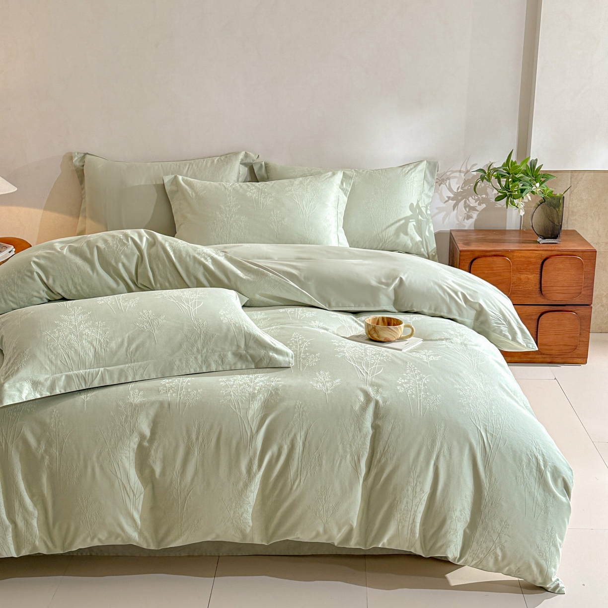 91家纺网 家纺一手货源 找家纺 泽西家纺+V17798841158发大图 2026新品60长绒棉提花立体浮雕全棉纯棉四件套-云涧奢影系列 清风颂雅-浅绿