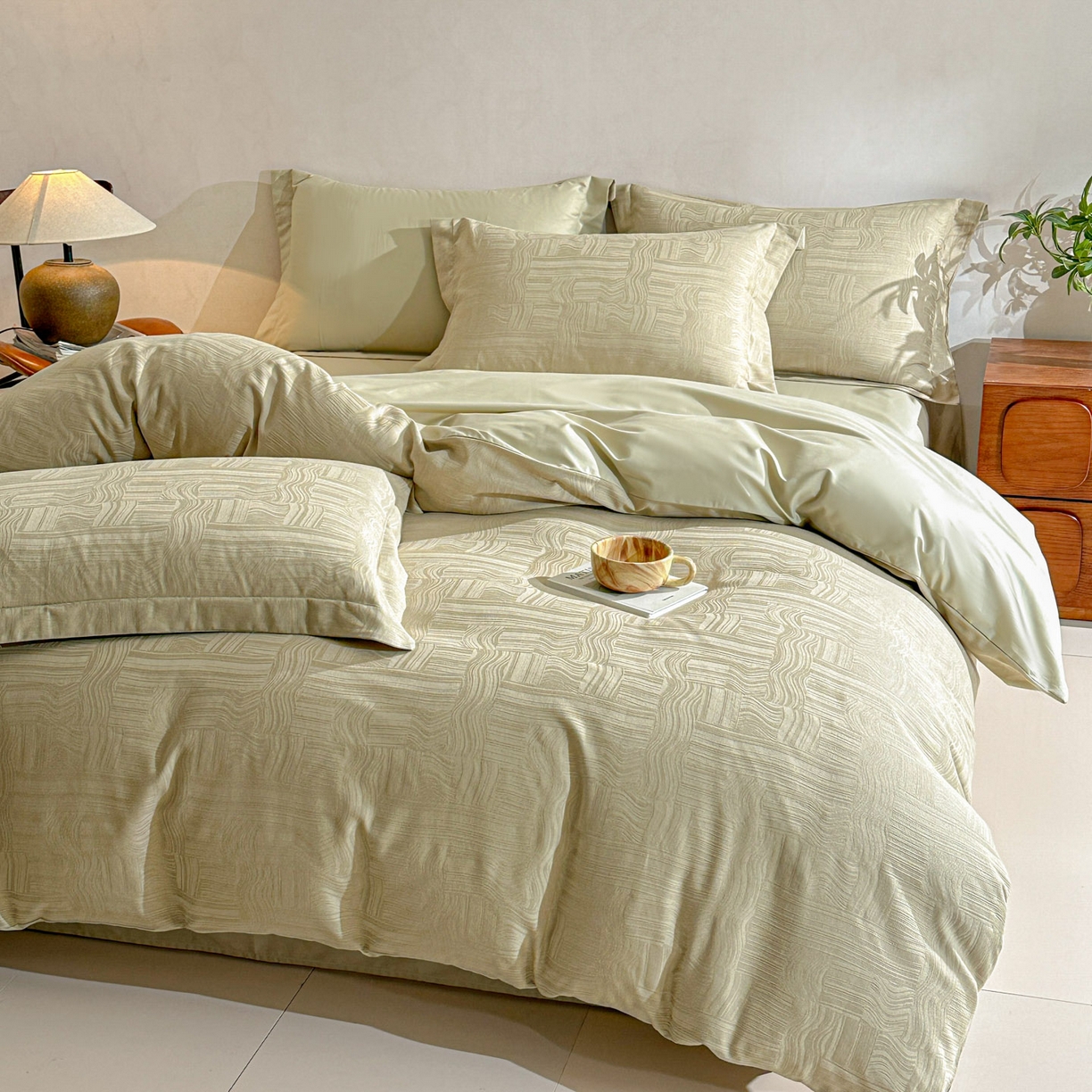 91家纺网 家纺一手货源 找家纺 泽西家纺+V17798841158发大图 2026新品60长绒棉提花立体浮雕全棉纯棉四件套-云涧奢影系列 幻纤影-浅茶