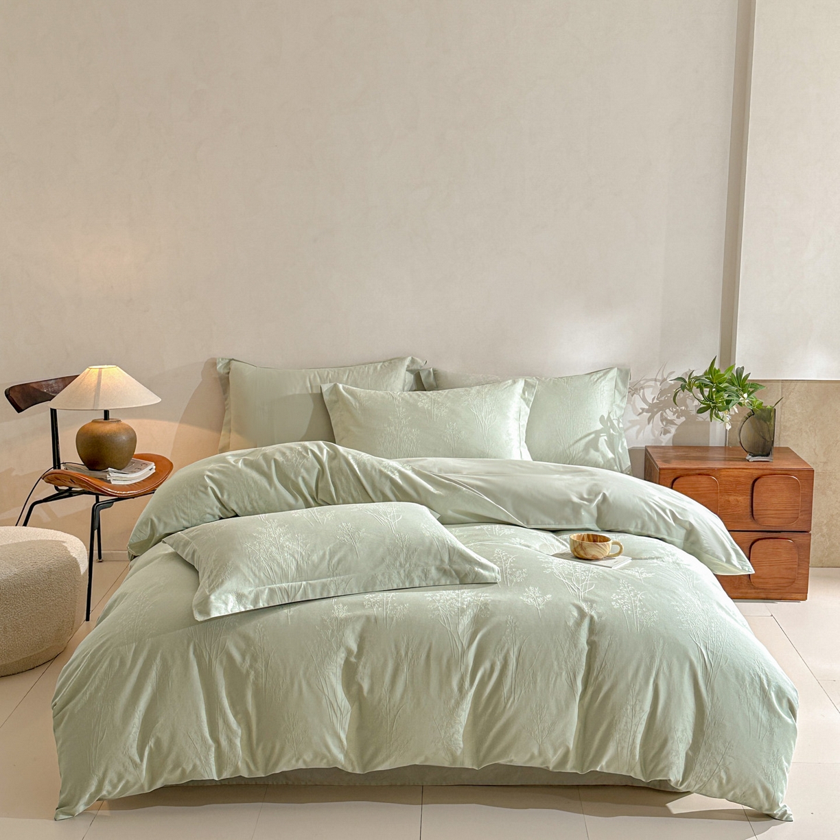 91家纺网 家纺一手货源 找家纺 泽西家纺+V17798841158发大图 2026新品60长绒棉提花立体浮雕全棉纯棉四件套-云涧奢影系列 清风颂雅-浅绿