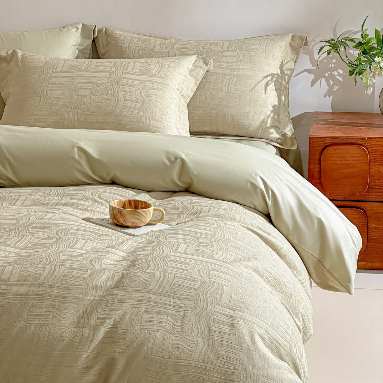 91家纺网 家纺一手货源 找家纺 泽西家纺+V17798841158发大图 2026新品60长绒棉提花立体浮雕全棉纯棉四件套-云涧奢影系列 幻纤影-浅茶