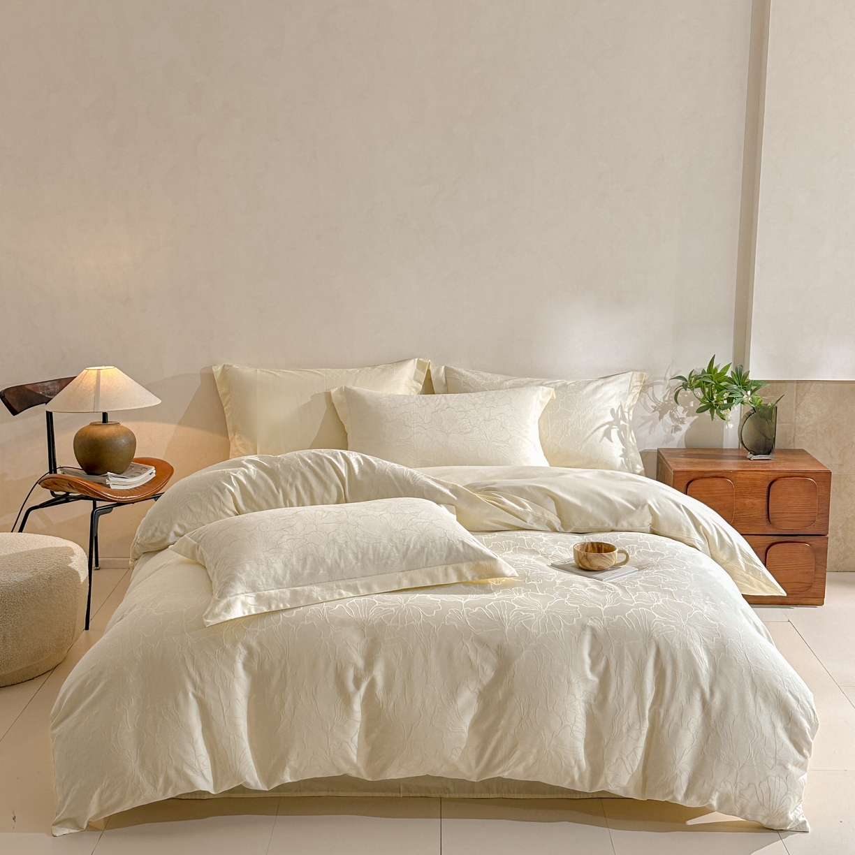 91家纺网 家纺一手货源 找家纺 泽西家纺+V17798841158发大图 2026新品60长绒棉提花立体浮雕全棉纯棉四件套-云涧奢影系列 山涧雾-米白