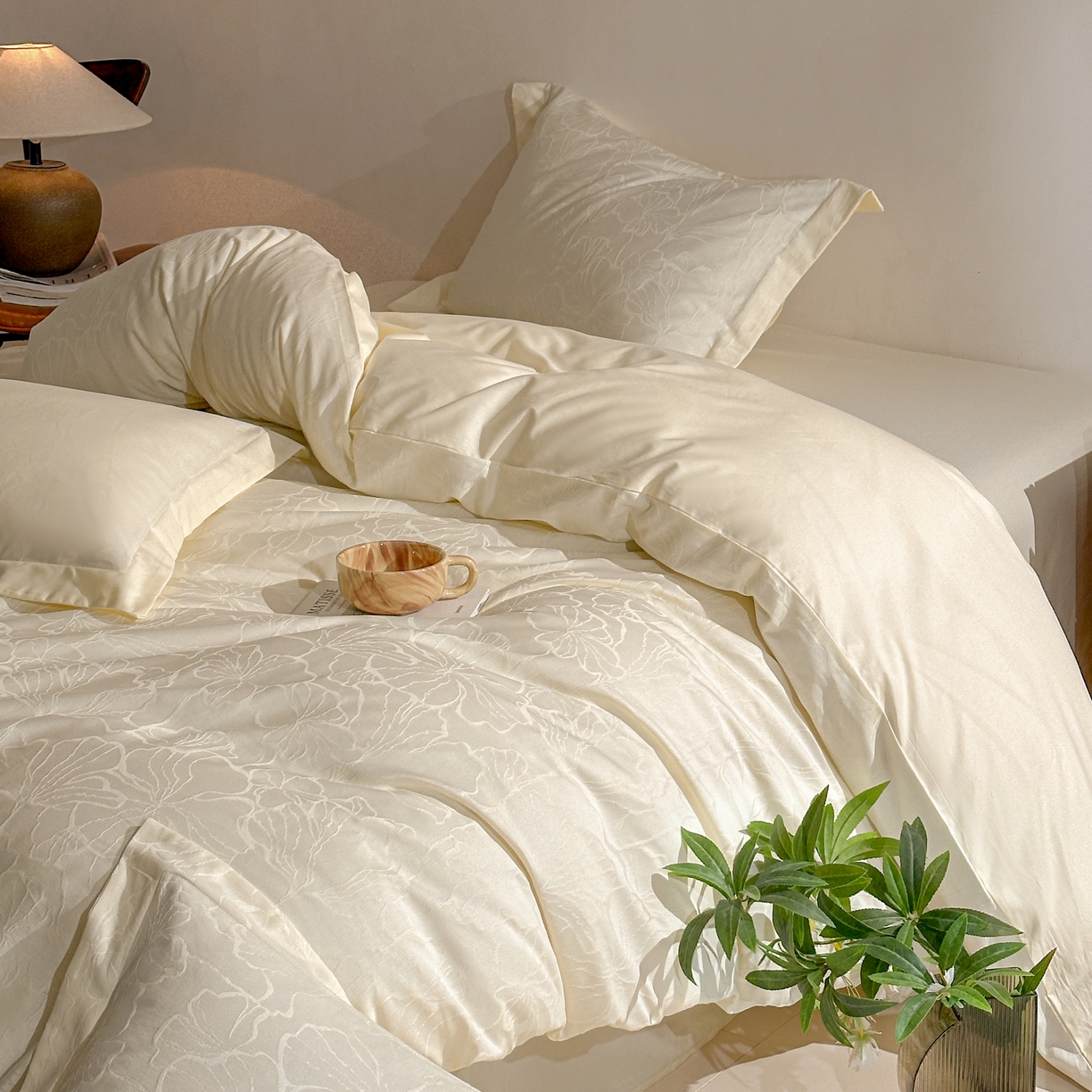 91家纺网 家纺一手货源 找家纺 泽西家纺+V17798841158发大图 2026新品60长绒棉提花立体浮雕全棉纯棉四件套-云涧奢影系列 山涧雾-米白