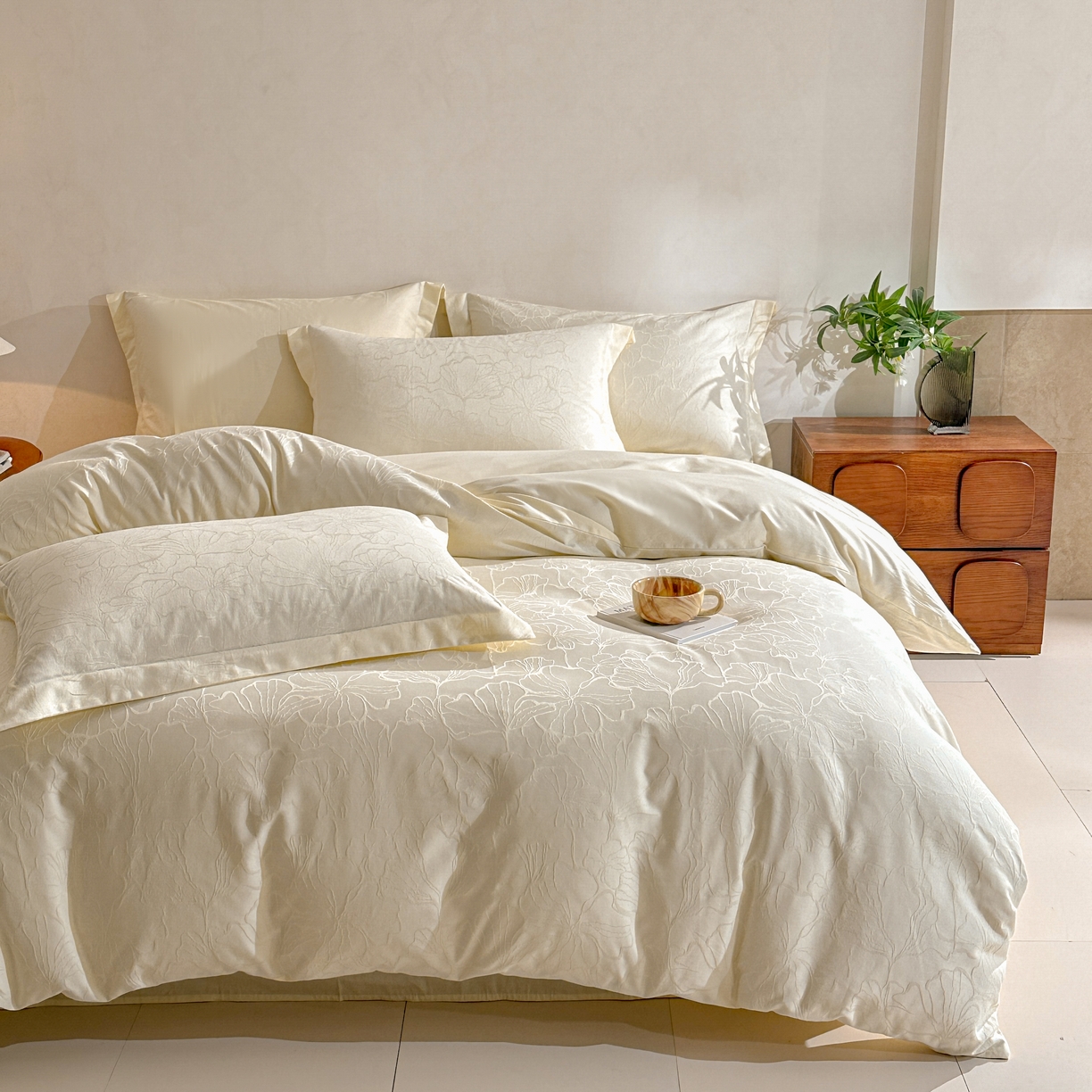 91家纺网 家纺一手货源 找家纺 泽西家纺+V17798841158发大图 2026新品60长绒棉提花立体浮雕全棉纯棉四件套-云涧奢影系列 山涧雾-米白