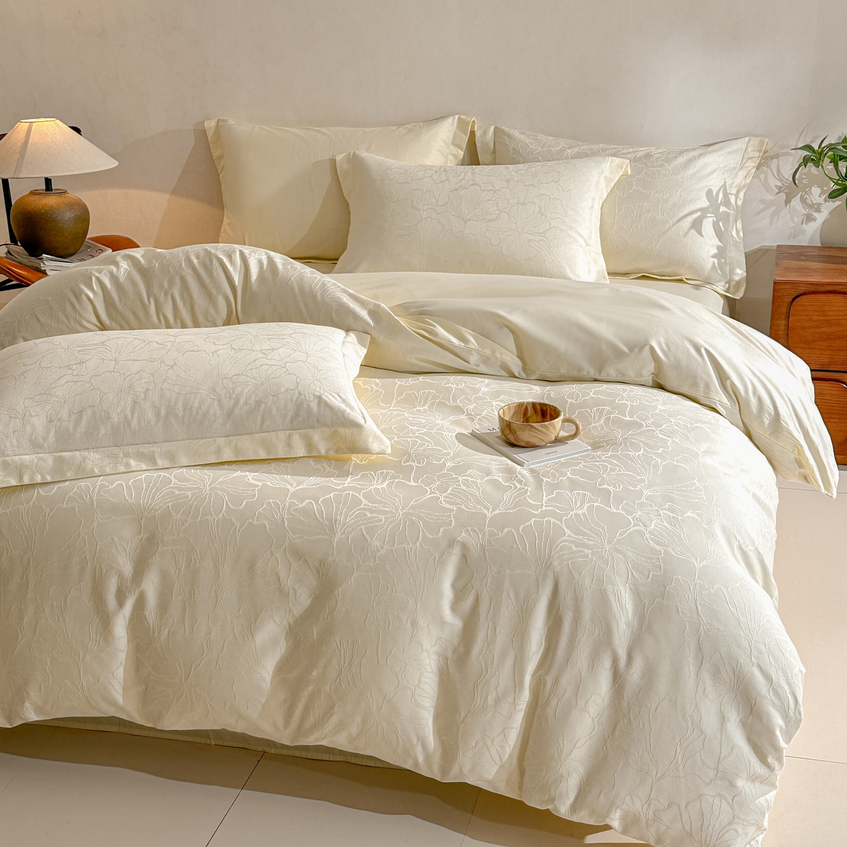 91家纺网 家纺一手货源 找家纺 泽西家纺+V17798841158发大图 2026新品60长绒棉提花立体浮雕全棉纯棉四件套-云涧奢影系列 山涧雾-米白