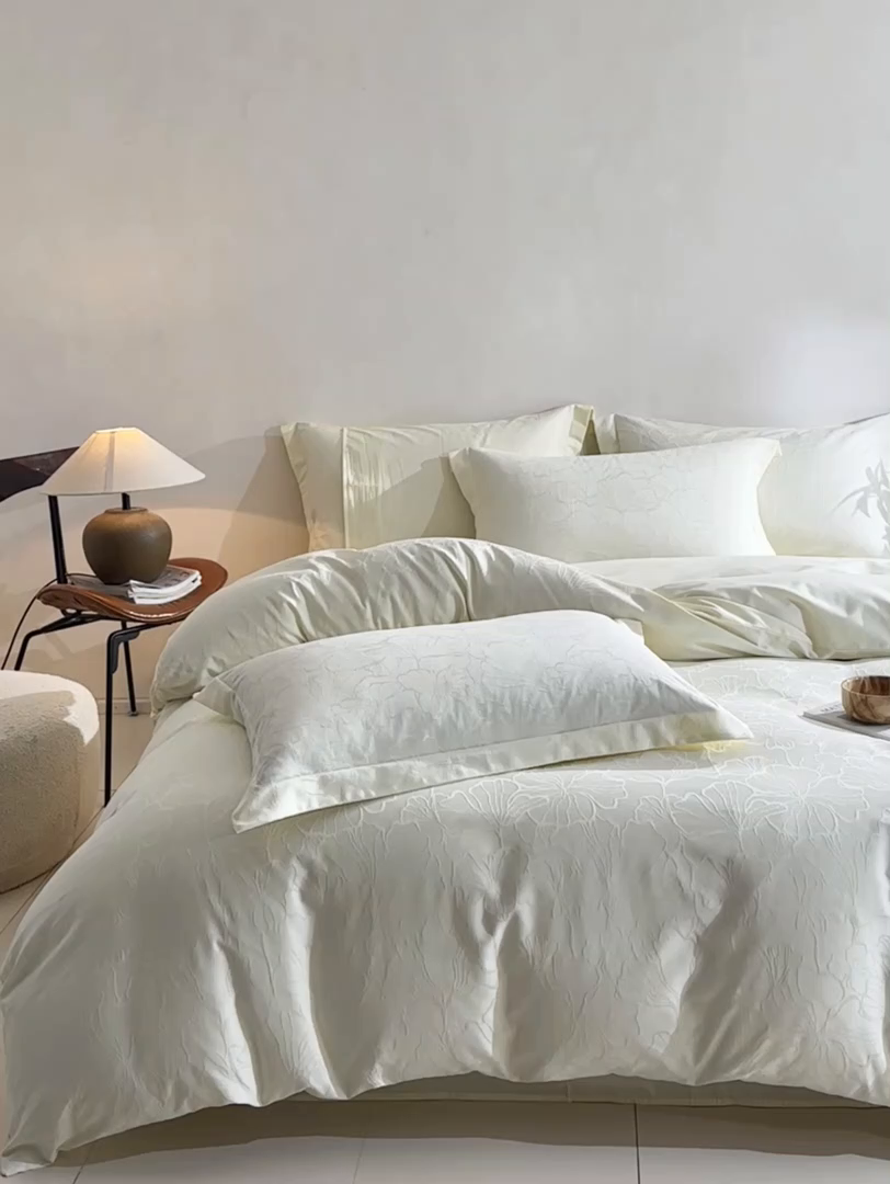 91家纺网 家纺一手货源 找家纺 泽西家纺+V17798841158发大图 2026新品60长绒棉提花立体浮雕全棉纯棉四件套-云涧奢影系列 山涧雾-米白