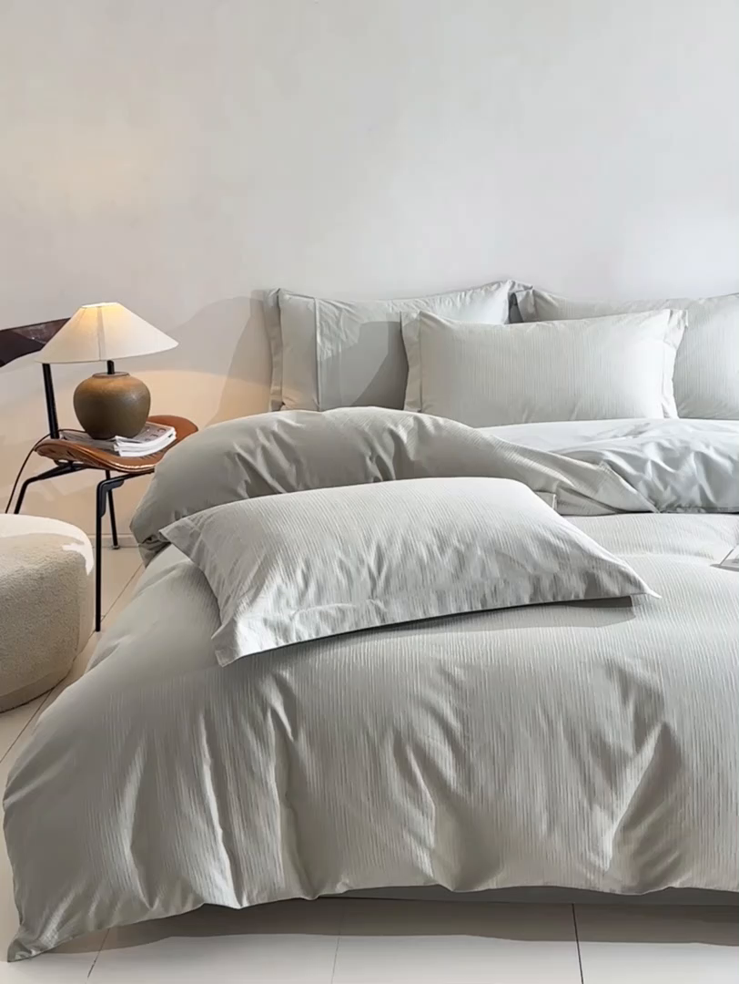 91家纺网 家纺一手货源 找家纺 泽西家纺+V17798841158发大图 2026新品60长绒棉提花立体浮雕全棉纯棉四件套-云涧奢影系列 清风颂雅-浅绿