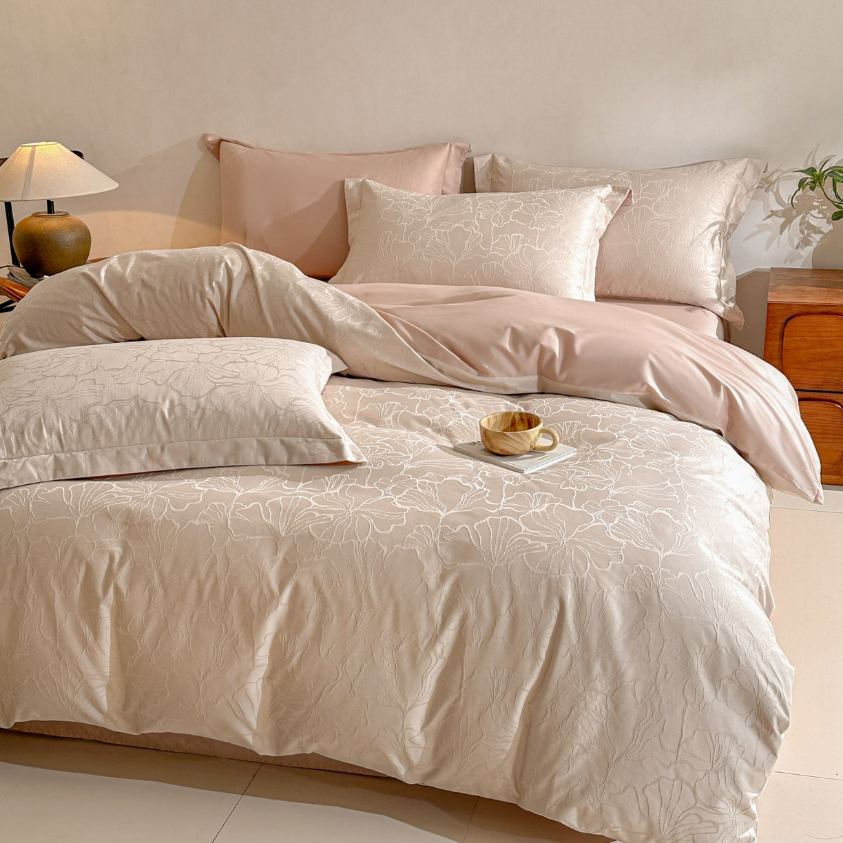 91家纺网 家纺一手货源 找家纺 泽西家纺+V17798841158发大图 2026新品60长绒棉提花立体浮雕全棉纯棉四件套-云涧奢影系列 山涧雾-卡其粉