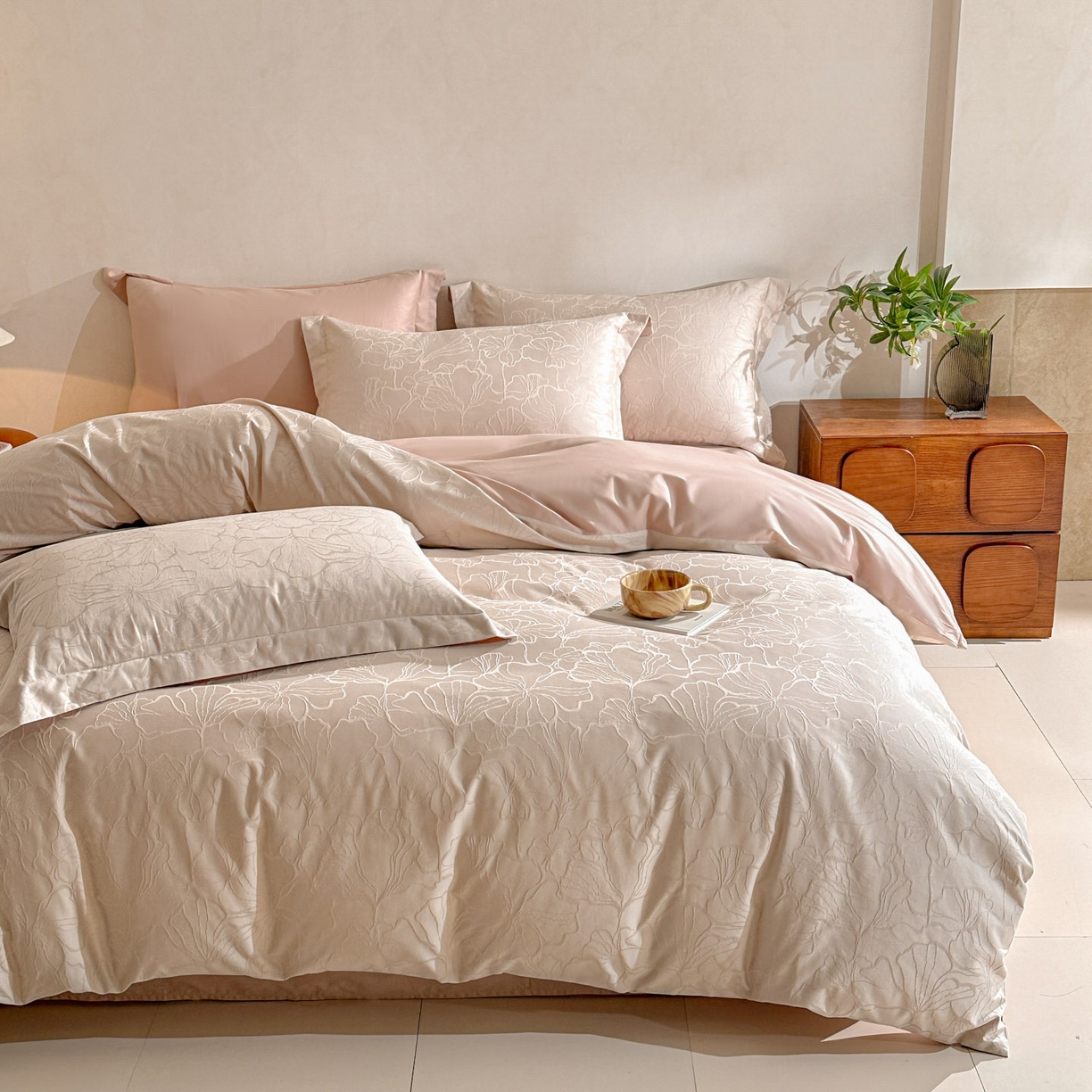 91家纺网 家纺一手货源 找家纺 泽西家纺+V17798841158发大图 2026新品60长绒棉提花立体浮雕全棉纯棉四件套-云涧奢影系列 山涧雾-卡其粉