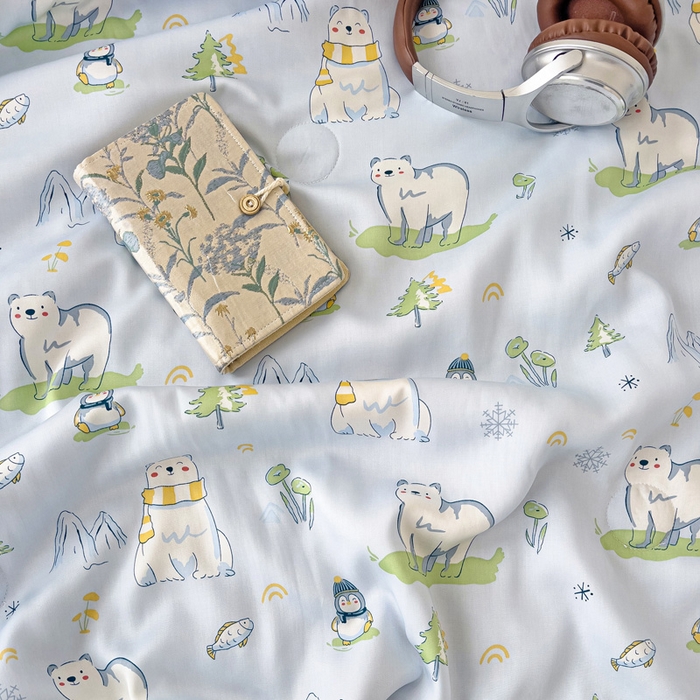 91家纺网 家纺一手货源 找家纺 十九色 2026新款50莱赛尔卡通印花儿童夏被同款枕头枕芯 北极熊