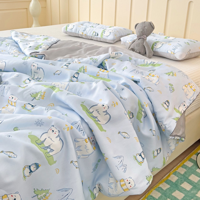 91家纺网 家纺一手货源 找家纺 十九色 2026新款50莱赛尔卡通印花儿童夏被同款枕头枕芯 北极熊