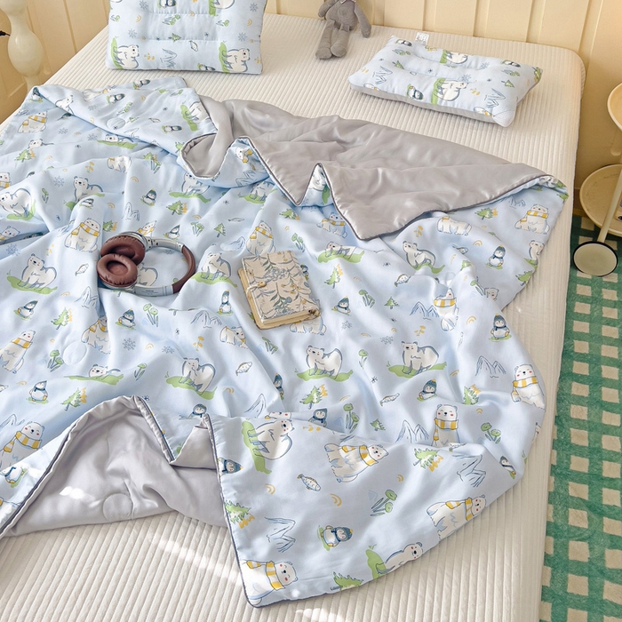 91家纺网 家纺一手货源 找家纺 十九色 2026新款50莱赛尔卡通印花儿童夏被同款枕头枕芯 北极熊