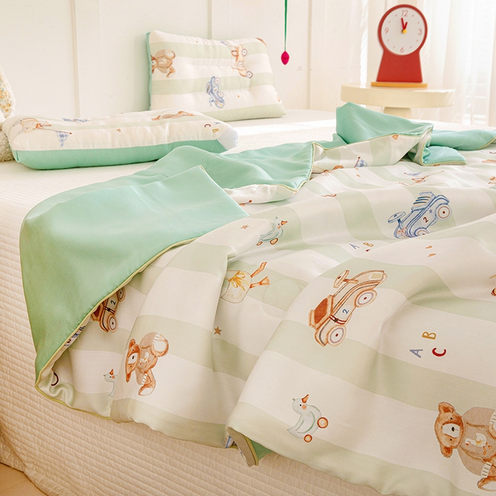 91家纺网 家纺一手货源 找家纺 十九色 2026新款50莱赛尔卡通印花儿童夏被同款枕头枕芯 春日玩伴