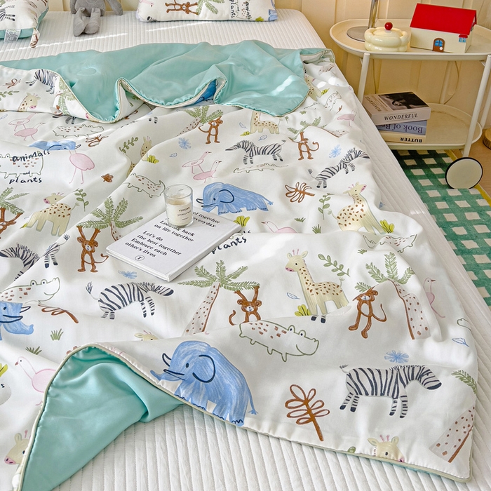 91家纺网 家纺一手货源 找家纺 十九色 2026新款50莱赛尔卡通印花儿童夏被同款枕头枕芯 大草原