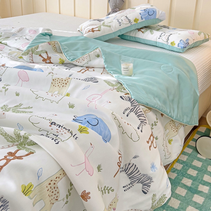 91家纺网 家纺一手货源 找家纺 十九色 2026新款50莱赛尔卡通印花儿童夏被同款枕头枕芯 大草原