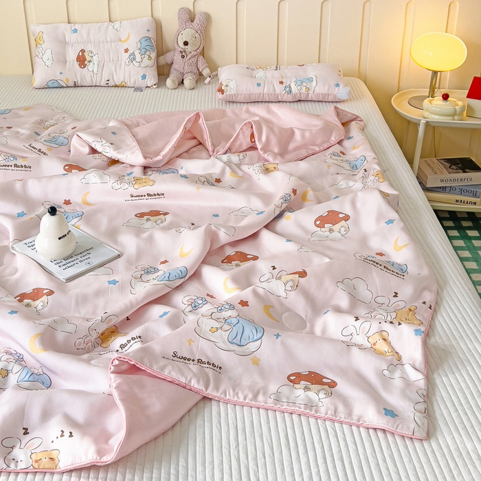 91家纺网 家纺一手货源 找家纺 十九色 2026新款50莱赛尔卡通印花儿童夏被同款枕头枕芯 瞌睡兔