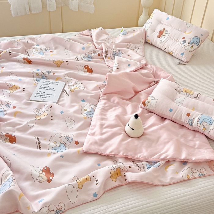 91家纺网 家纺一手货源 找家纺 十九色 2026新款50莱赛尔卡通印花儿童夏被同款枕头枕芯 瞌睡兔