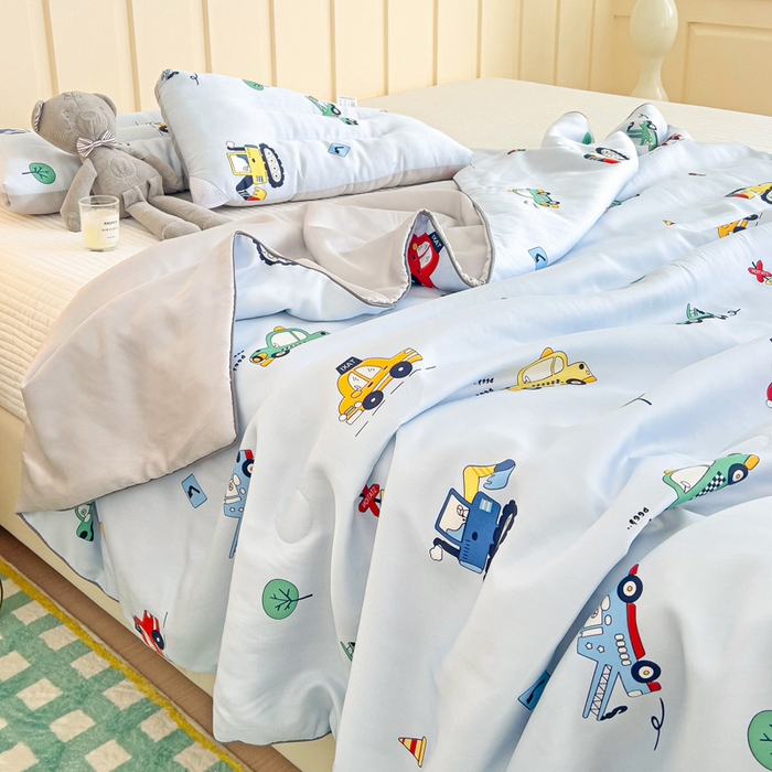 91家纺网 家纺一手货源 找家纺 十九色 2026新款50莱赛尔卡通印花儿童夏被同款枕头枕芯 汽车家族