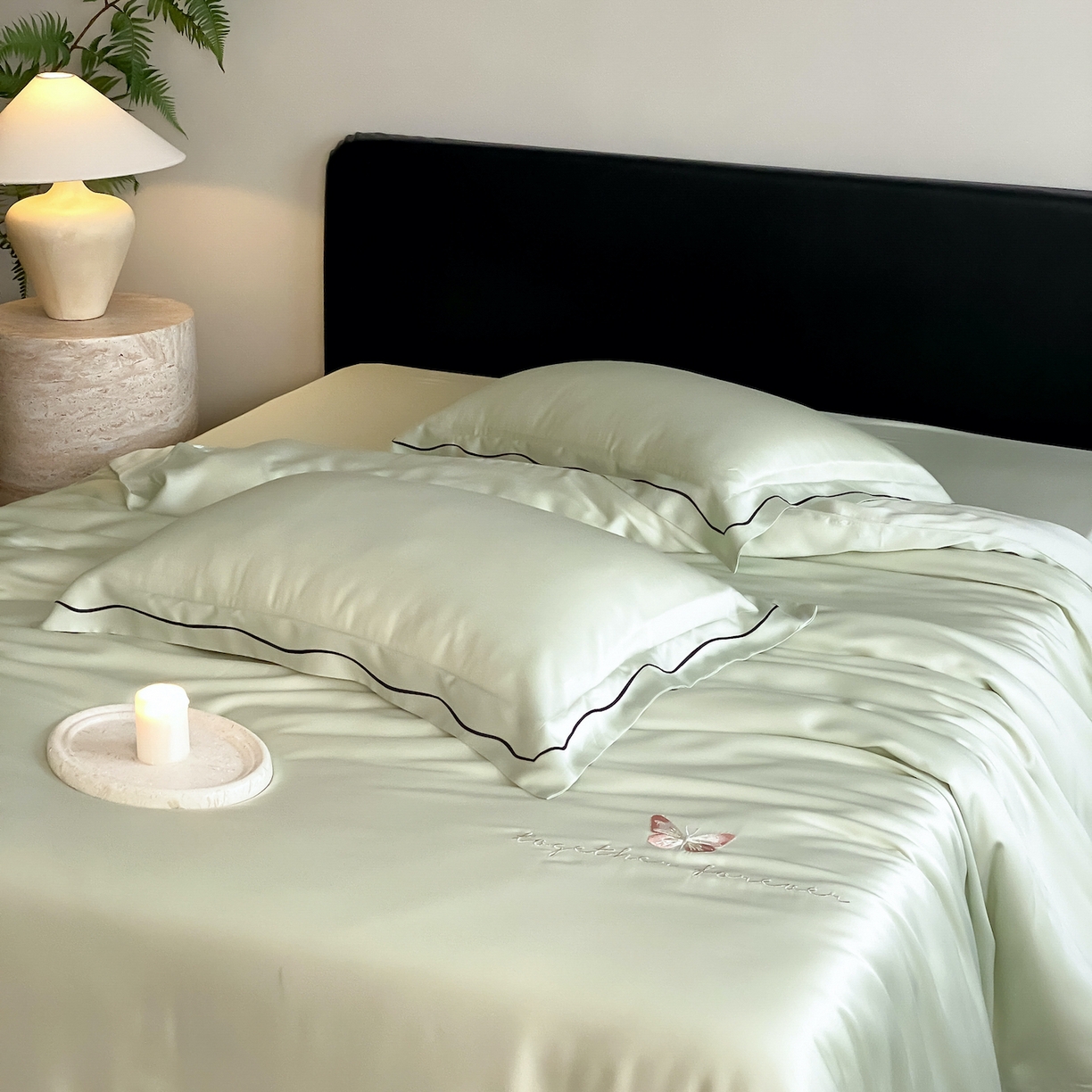 91家纺网 家纺一手货源 找家纺 FORTWO家纺原创设计（FOR TWO家纺） 2026新款兰精天丝绣枕套单枕套枕套单件 秘境-绿