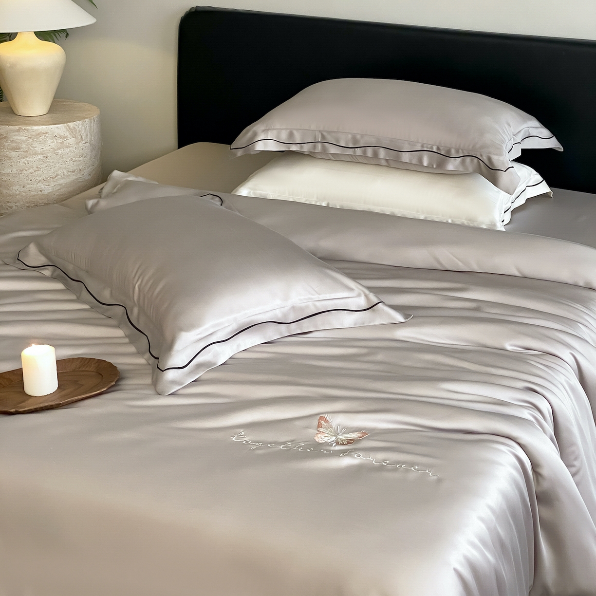 91家纺网 家纺一手货源 找家纺 FORTWO家纺原创设计（FOR TWO家纺） 2026新款兰精天丝绣枕套单枕套枕套单件 秘境-灰