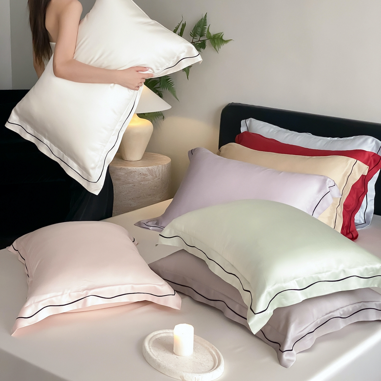 91家纺网 家纺一手货源 找家纺 FORTWO家纺原创设计（FOR TWO家纺） 2026新款兰精天丝绣枕套单枕套枕套单件 组合图 仅供参考