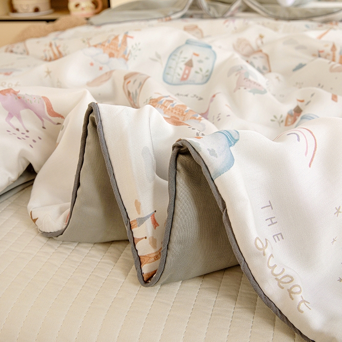 91家纺网 家纺一手货源 找家纺 十九色 2026新款50莱赛尔卡通印花儿童夏被同款枕头枕芯 许愿瓶