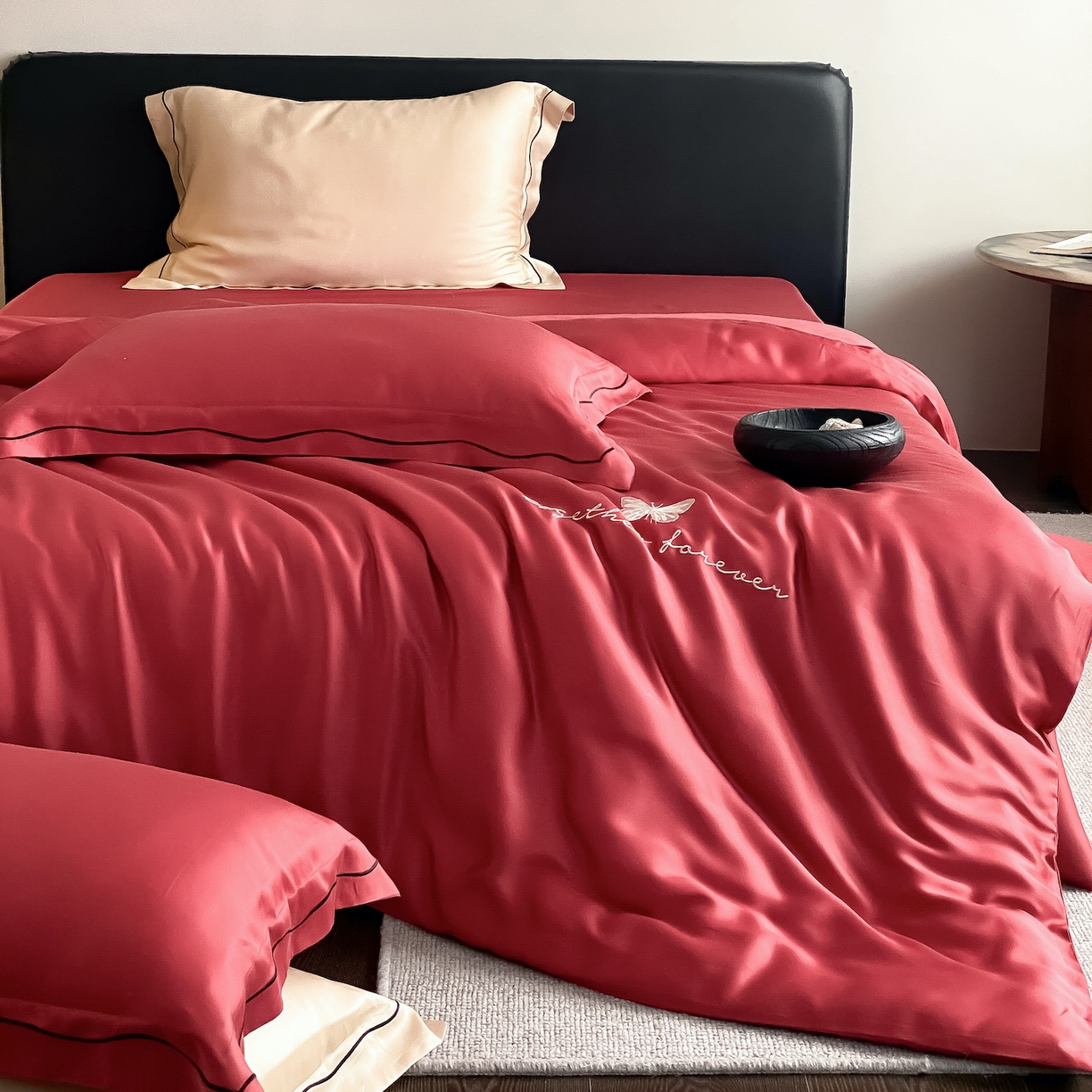 91家纺网 家纺一手货源 找家纺 FORTWO家纺原创设计（FOR TWO家纺） 2026新款兰精天丝绣花床单单床单床单单件 秘境-红