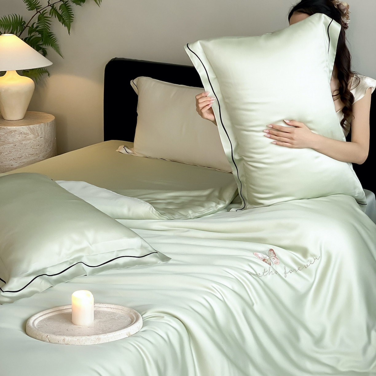 91家纺网 家纺一手货源 找家纺 FORTWO家纺原创设计（FOR TWO家纺） 2026新款兰精天丝绣花床单单床单床单单件 秘境-绿