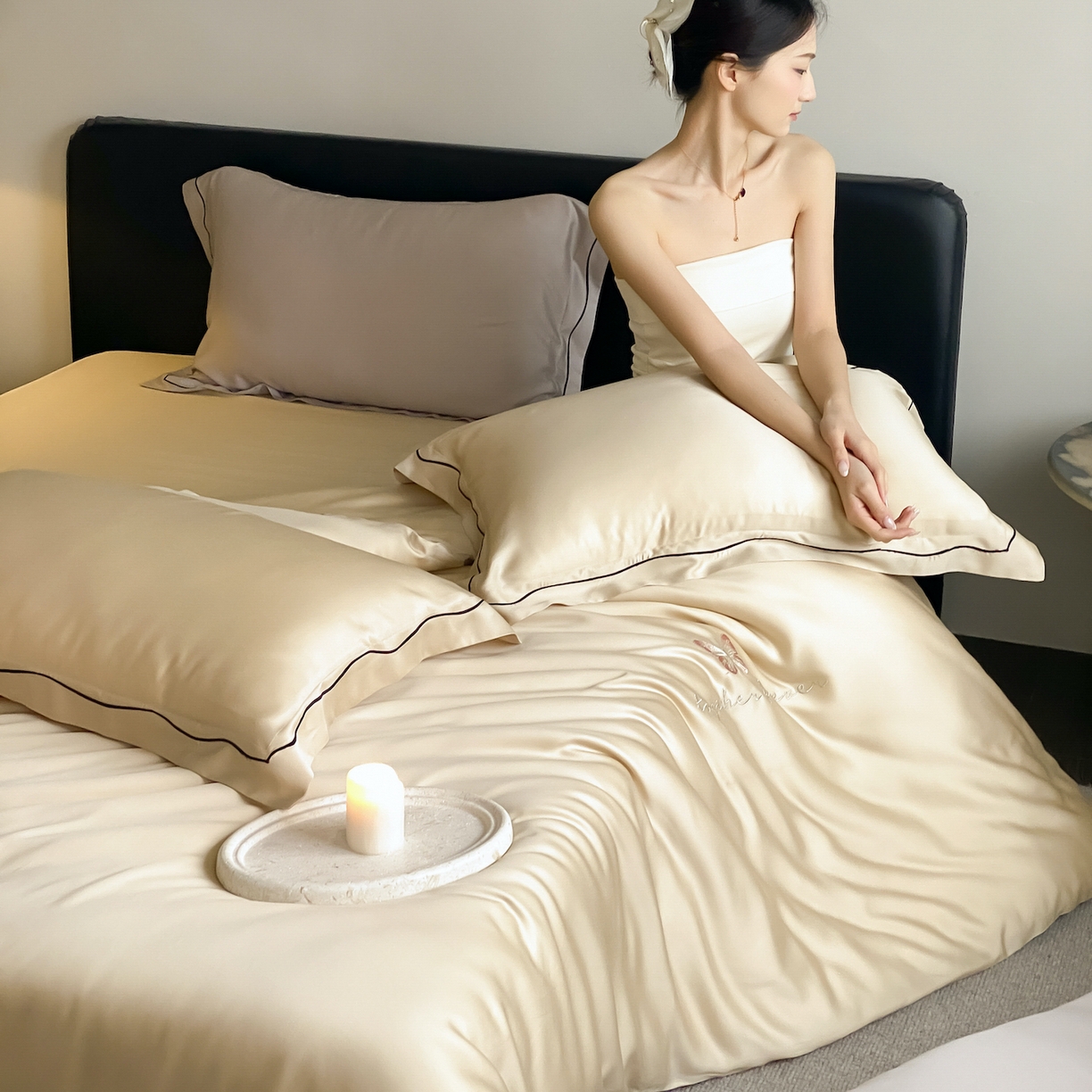 91家纺网 家纺一手货源 找家纺 FORTWO家纺原创设计（FOR TWO家纺） 2026新款兰精天丝绣花床单单床单床单单件 秘境-香槟