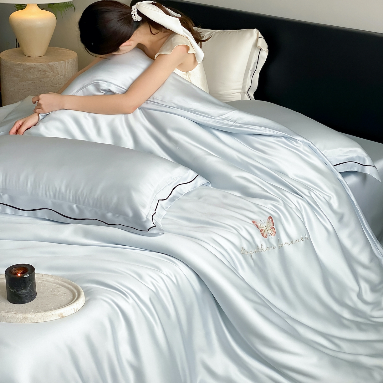 91家纺网 家纺一手货源 找家纺 FORTWO家纺原创设计（FOR TWO家纺） 2026新款兰精天丝绣花床单单床单床单单件 秘境-蓝