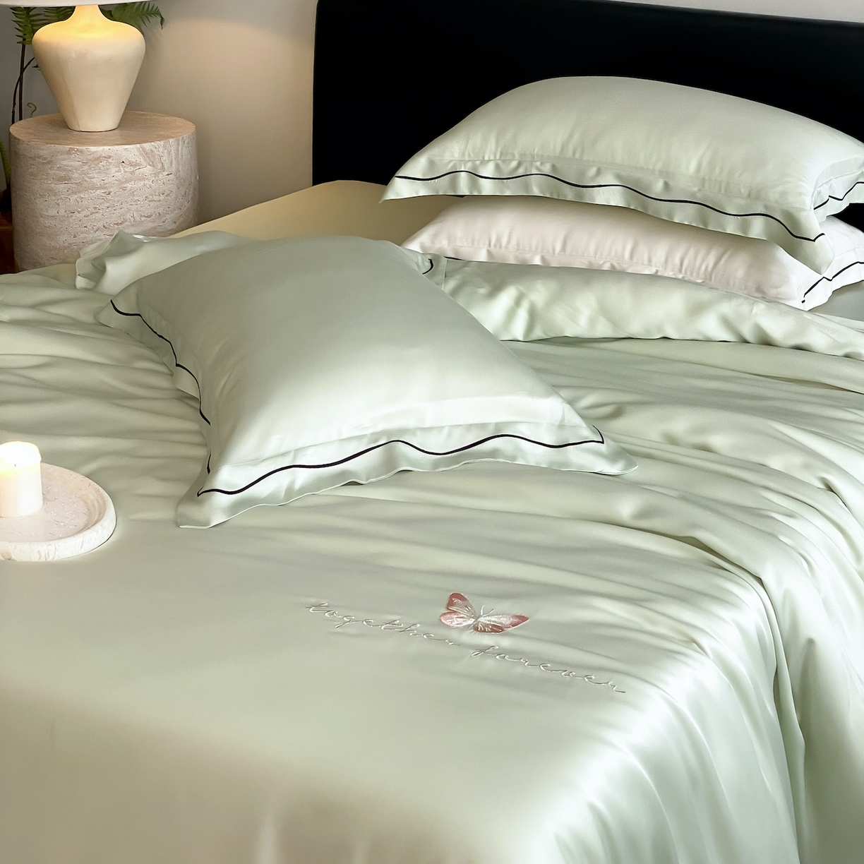 91家纺网 家纺一手货源 找家纺 FORTWO家纺原创设计（FOR TWO家纺） 2026新款兰精天丝绣花床笠单床笠床笠单件 秘境-绿