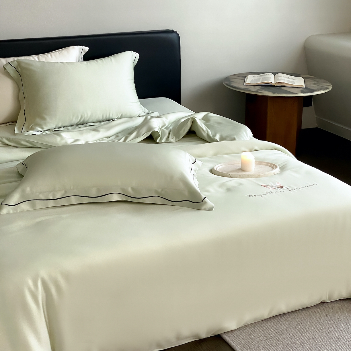 91家纺网 家纺一手货源 找家纺 FORTWO家纺原创设计（FOR TWO家纺） 2026新款兰精天丝绣花床笠单床笠床笠单件 秘境-绿