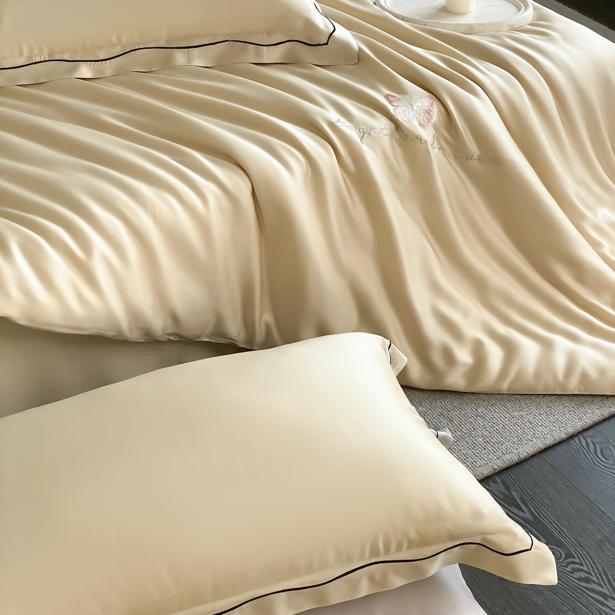 91家纺网 家纺一手货源 找家纺 FORTWO家纺原创设计（FOR TWO家纺） 2026新款兰精天丝绣花床笠单床笠床笠单件 秘境-香槟