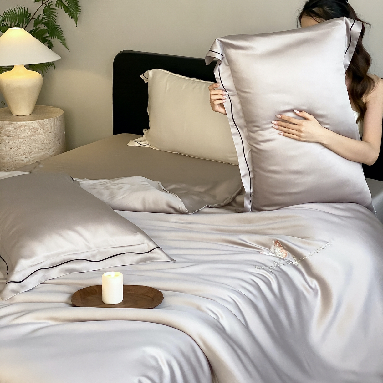 91家纺网 家纺一手货源 找家纺 FORTWO家纺原创设计（FOR TWO家纺） 2026新款兰精天丝绣花床笠单床笠床笠单件 秘境-灰