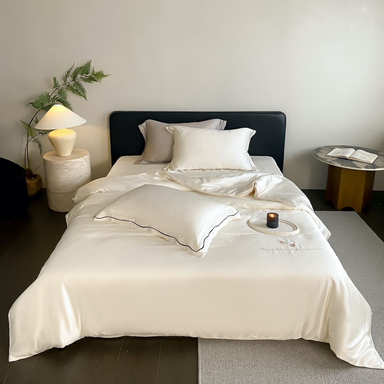 91家纺网 家纺一手货源 找家纺 FORTWO家纺原创设计（FOR TWO家纺） 2026新款兰精天丝绣花床笠单床笠床笠单件 秘境-奶白