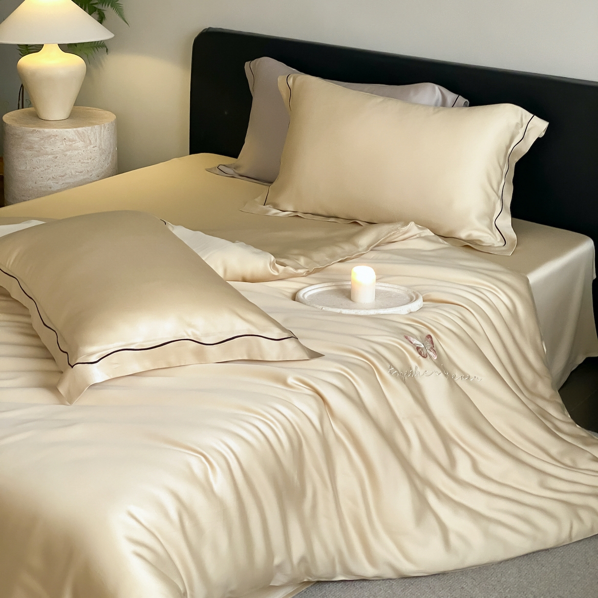 91家纺网 家纺一手货源 找家纺 FORTWO家纺原创设计（FOR TWO家纺） 2026新款兰精天丝绣花四件套 秘境-香槟