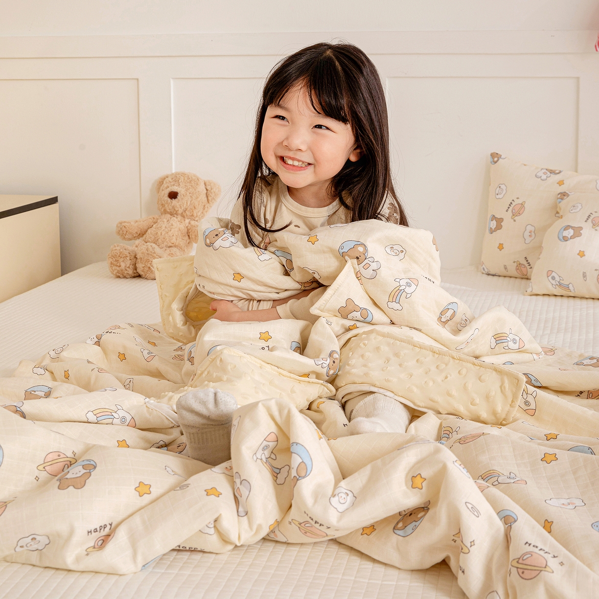 91家纺网 家纺一手货源 找家纺 十九色 2026春夏新款全棉华夫格纱布凉感防踢被拥抱被夏被夏凉被空调被 遨游太空